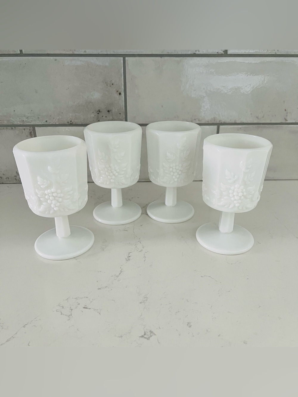 WESTMORELAND Vintage Paneled Grape Milk Glass Oversize Wine Glasses - Set of 4